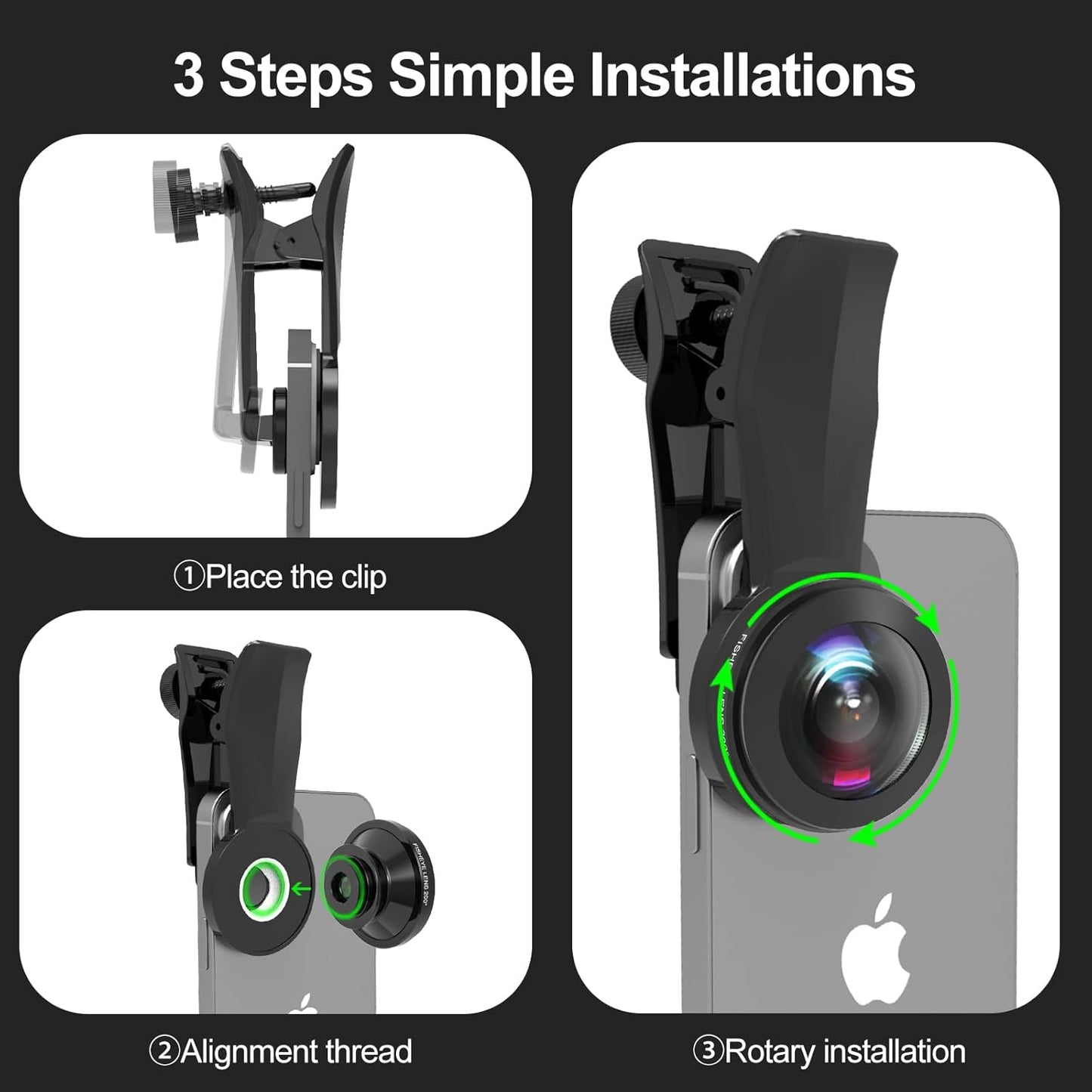 200° Fisheye Lens with 17mm Thread Universal Phone Lens Clip for iPhone and Android Smartphones, Suitable for VR Live Streaming & Architectural Photography