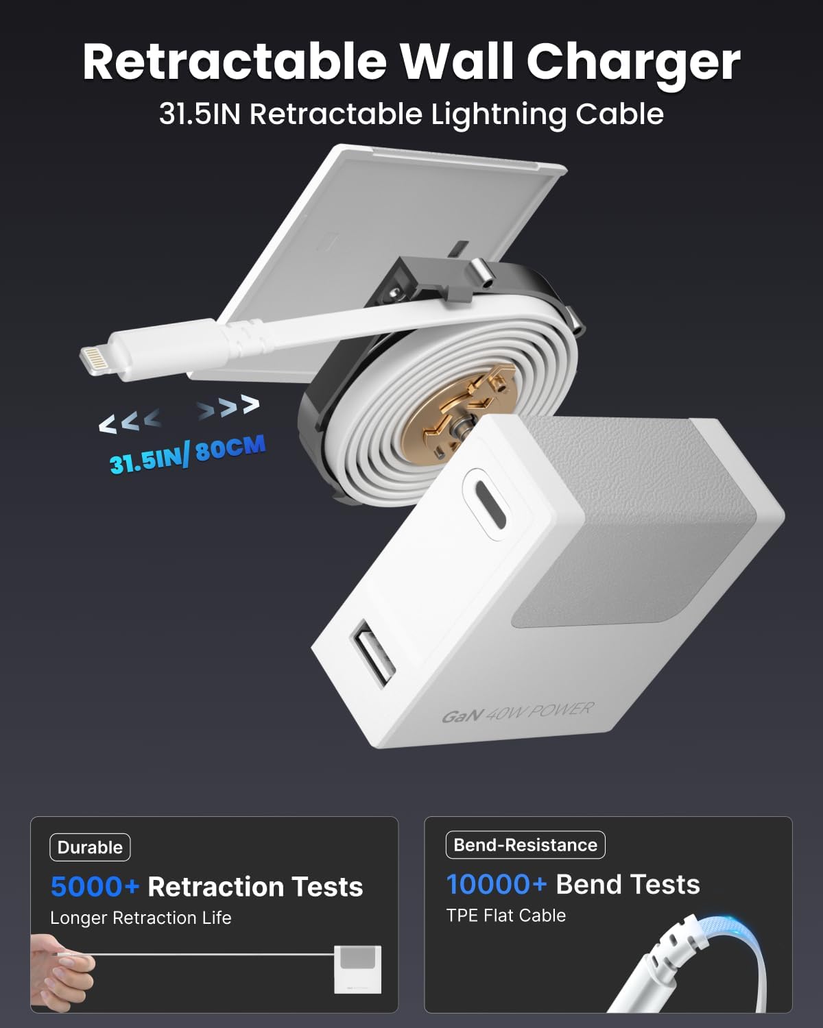 Portable Charger Block, Retractable Wall Charger, 40W PD Fast Charging Block with 31.5in Lightning Cable, Power Adapter with Foldable Plug for iPhone14/13/12, White