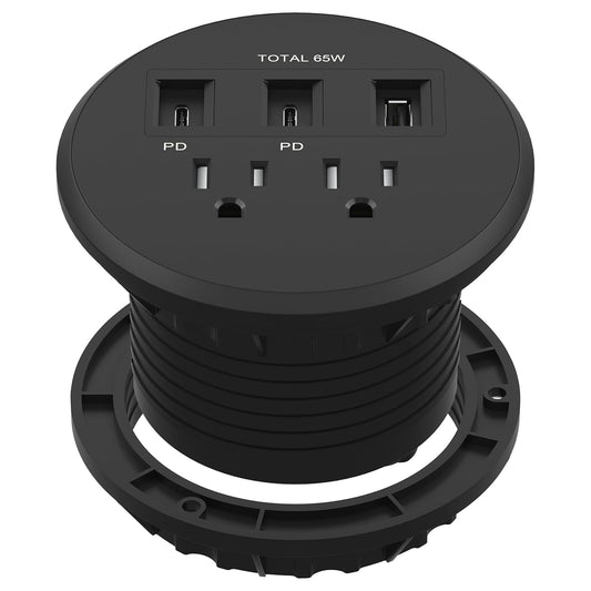 LIDER PD 65W GaN Technology Desktop Power Grommet, Power Delivery, USB-A and 2 USB-C Ports, Tamper-Resistant Receptacles, Self-Close Cover, Desk Charging Station, Black, 6.5ft Cord, ETL Listed