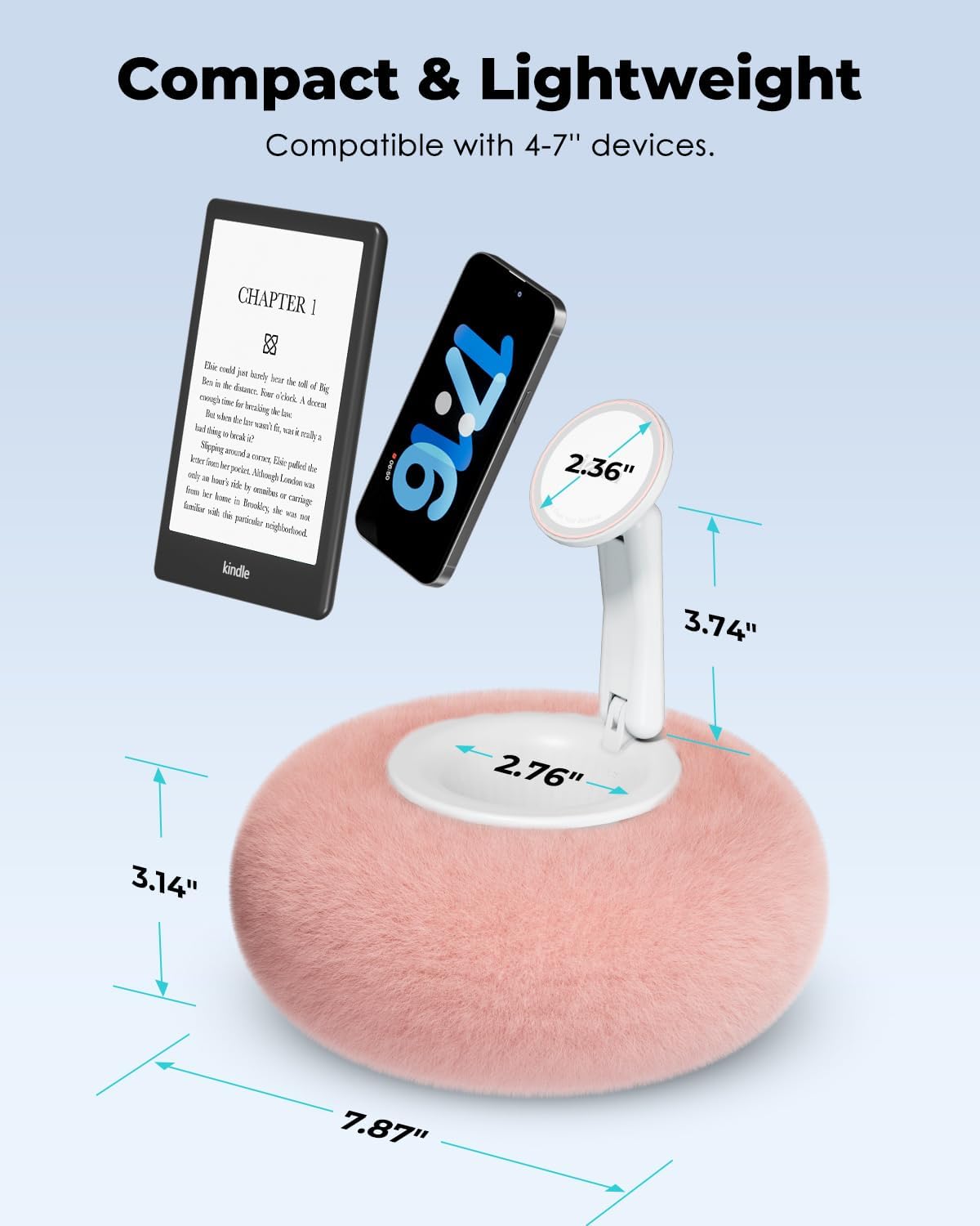 Viozon Phone Holder for Bed, Magnetic Pillow Stand, Compatible with 4-7" Phone/Kindle with Small Storage, Removable Suction Base for Stability, Idea for Kindle Reading and Video Watching On Bed,Pink