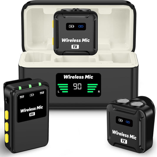 Wireless Lavalier Microphone (2 TX + 1RX + Charging Case) for DSLR Camera iPhone Android PC 656FT Range Professional Lapel Mic Wireless with 48KHZ/24Bit Clear Voice, 30Hours Vlogging