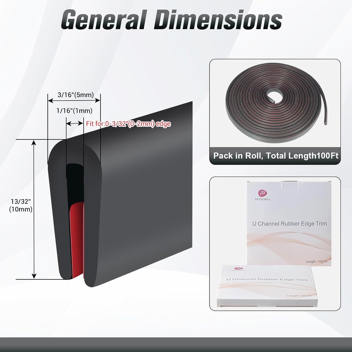 Rubber Edge Trim, Self Adhesive1/16 U Channel Edge Trim, Fit from 0 to 3/32", Sharp Edge Protector for Sheet Metal Parts, Car Doors, Length 100Ft, Black Color
