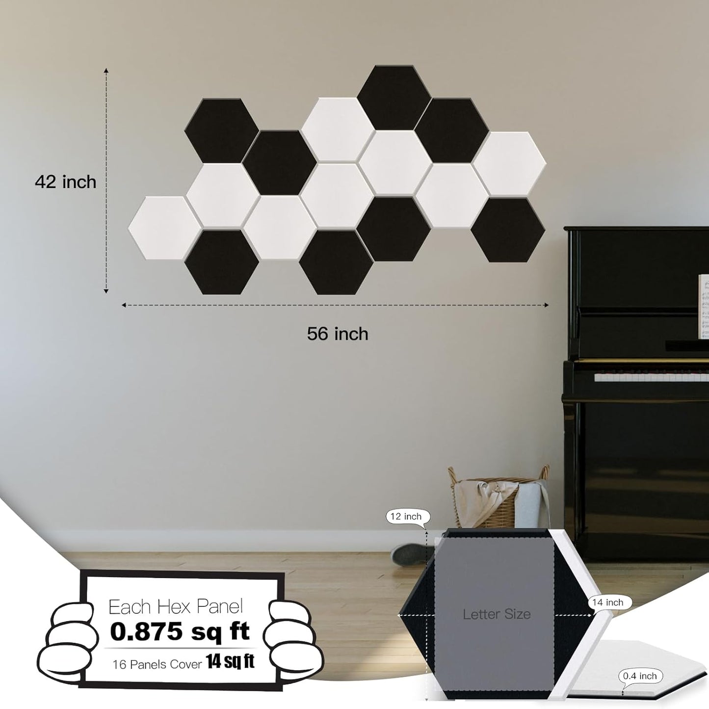 Mollywell Hexagon Acoustic Panels, High Density, Soundproofing, Decorative Noise Reduction Felt Wall Tiles for Ceilings, Home Office & Gaming Room (Black and White), 14x12x0.4 Inch