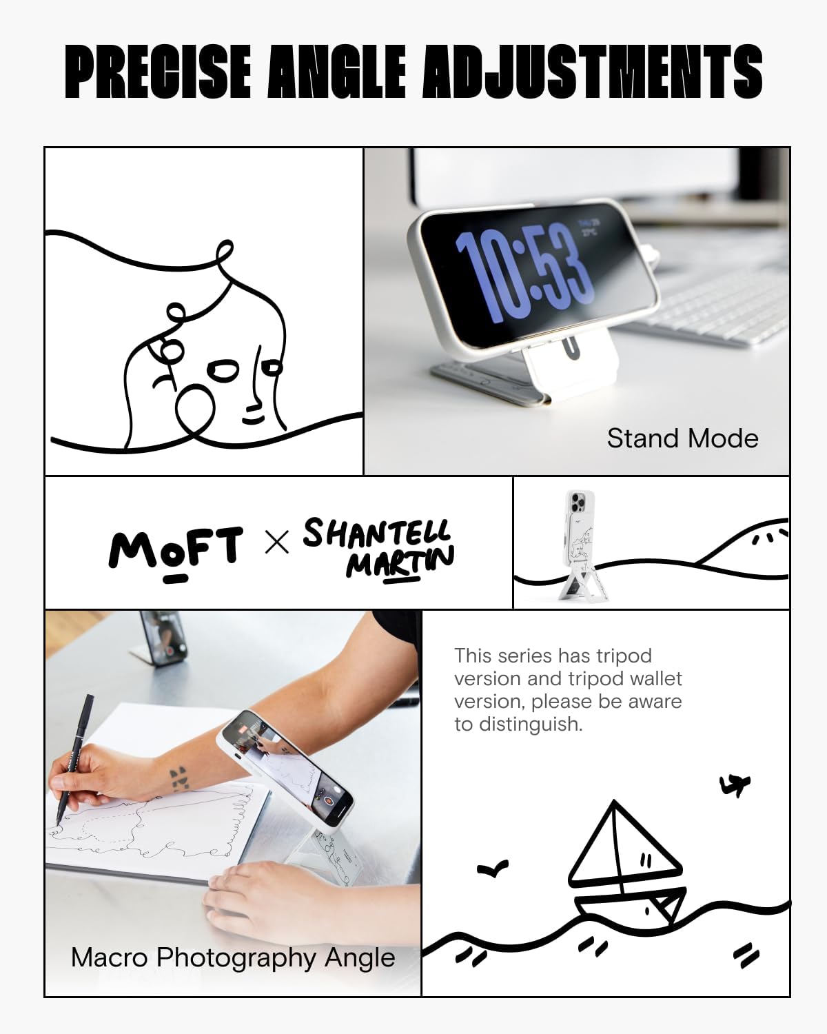 MOFT x Shantell Martin Phone Tripod Wallet for iPhone, Mulit-Angles, Lightweight & Portable Phone Stand, MOVAS Vegan Leather Phone Wallet, Strong Magnets, NFC Card Holder, Misty Cove (with Card Slot)