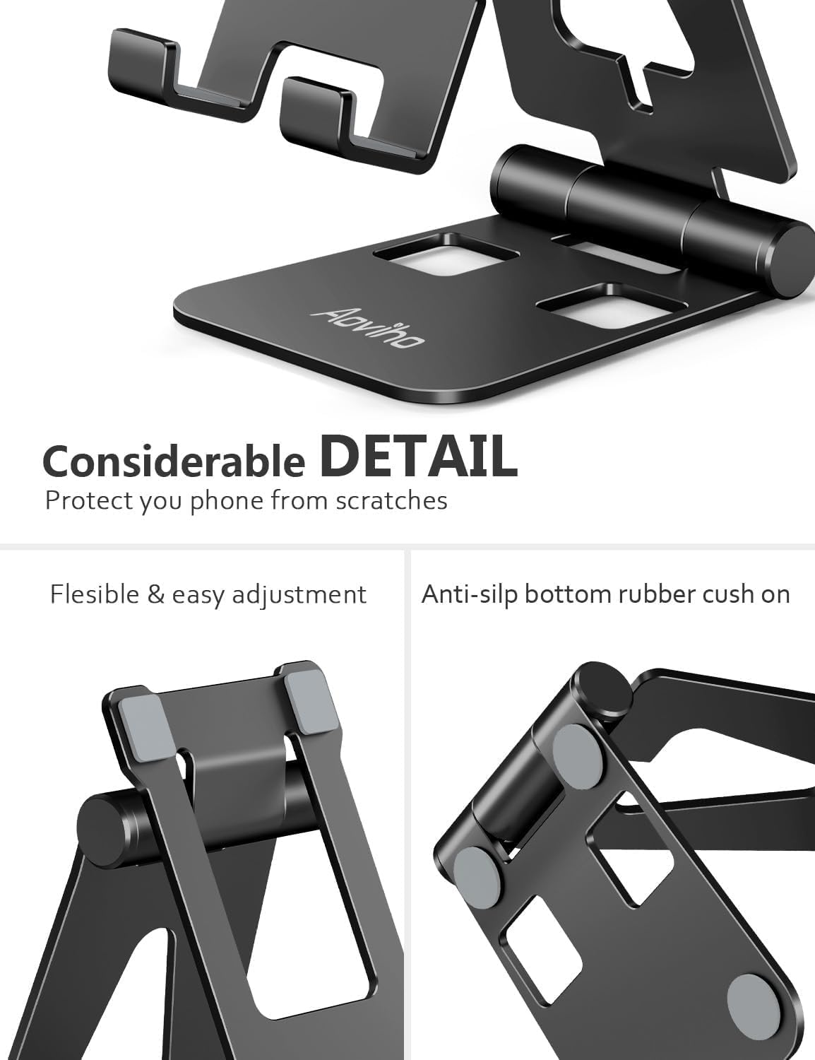 Cell Phone Stand for Desk, Adjustable Desktop Phone Holder Stand, Foldable Moblie Phone Dock for iPhone 15 14 13 12 11 Pro Xs Max Xr X 8 7 6 5 5s SE Nintendo Switch All Phones, Black