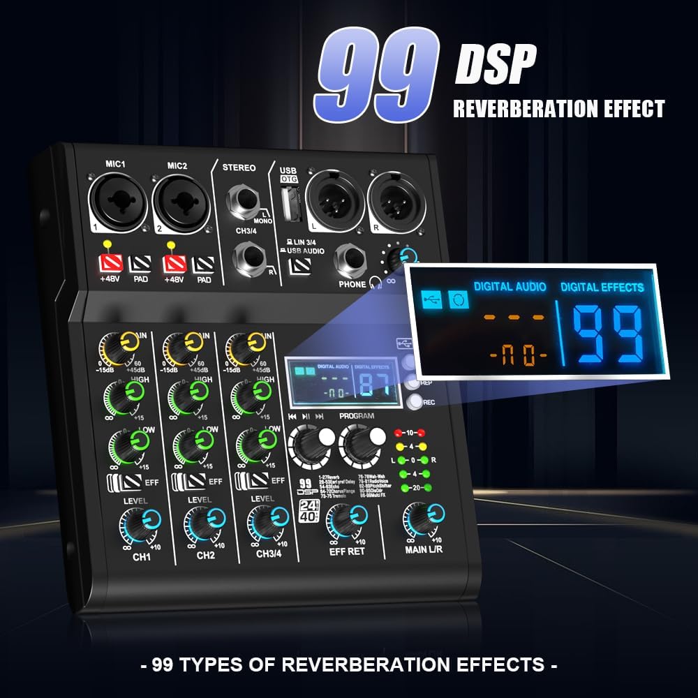 mw-4 black 4Channel Audio Mixer with 99 Sound Effects for PC,Portable Sound Mixing Console with BT USB Recording Input for Live Streaming,Podcasting