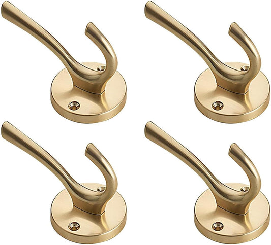 4 Packs Gold Coat Hooks, Silver Robe Hook, Decorative Towel Hooks, Heavy Duty Double Prong Wall Hooks, Metal Closet Hooks, Hat Hooks for Hanging for Bathroom, Kitchen and Office