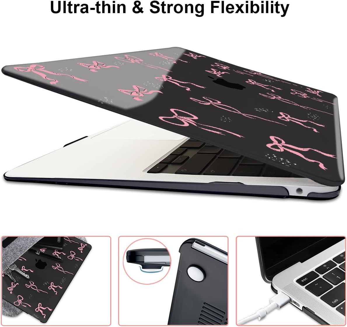 for 2020 2021 2022 MacBook Pro 13 inch Case M2 M1 A2338 A2289 A2251 with Touch Bar & Touch ID, Printed Pattern Plastic Hard Shell Case Keyboard Cover Screen Protector, Pink Bowknot Black