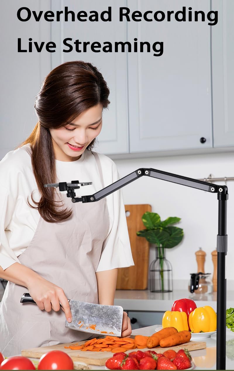 Phone Floor Stand for Recording Cell Phone Holder for Bed, Adjustable Tall Stand with Ultra-Long Extension Arm, 360° Swivel, Compatible with iPhone Samsung and More