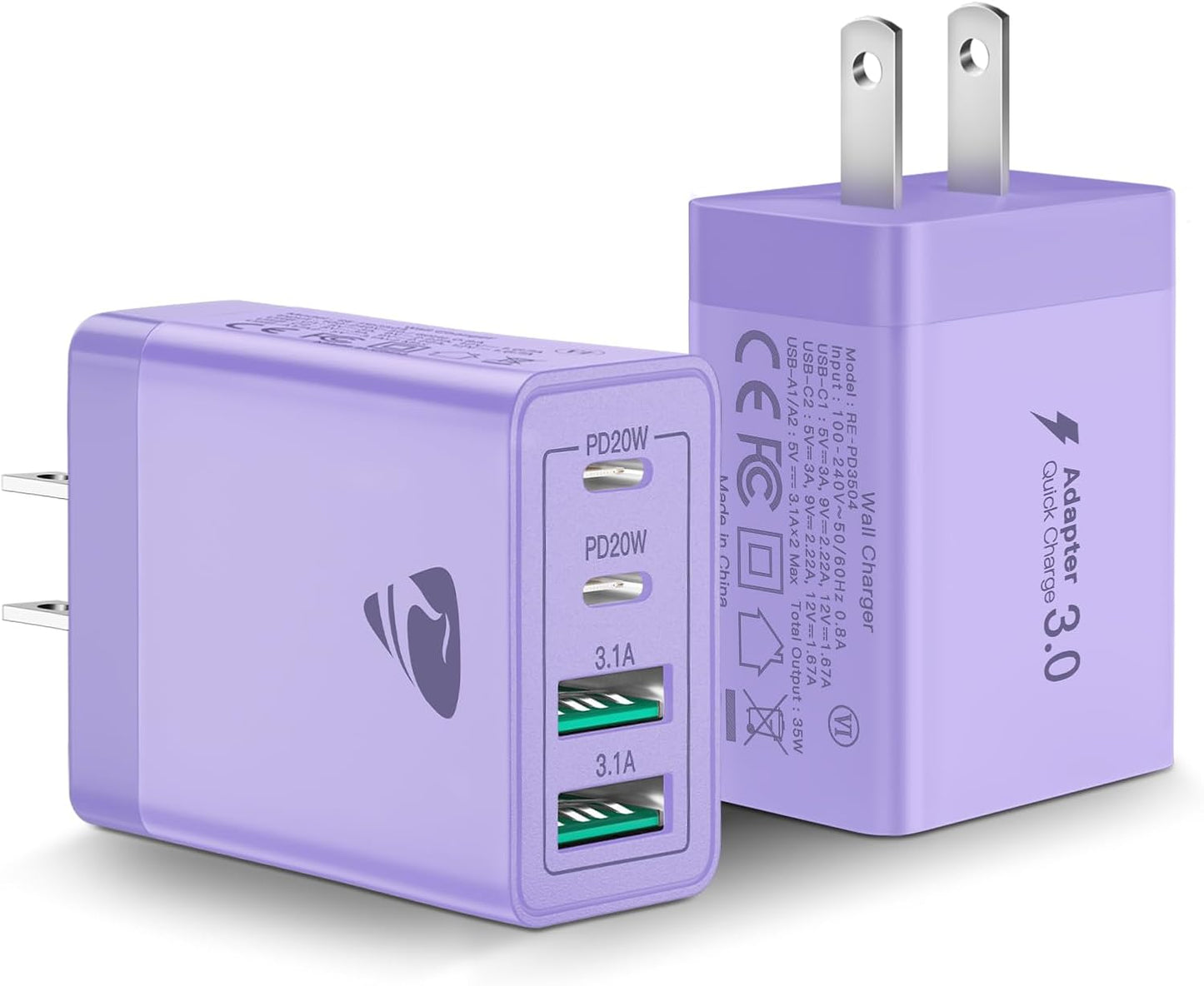 USB C Wall Charger Block 2-Pack, Aiminu 40W 4-Port PD Power Delivery Fast Type C Charging Block Plug Adapter for iPhone 15/14/13/12/11/Pro Max, XS/XR/X, iPad, Samsung, Android Phones Charger Cube