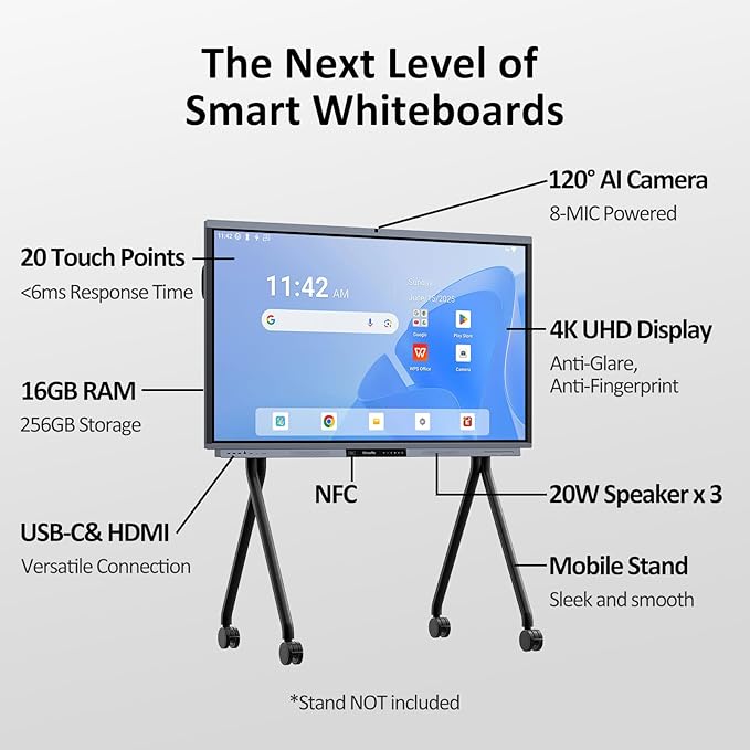 Shiarffe R9 Smart Board 65 Inch 4K Interactive Whiteboard Google EDLA-Certified All-in-One Touchscreen Digital Display Built-in 50MP AI Camera Mics and 60W Speaker for Classrom Hybrid Work