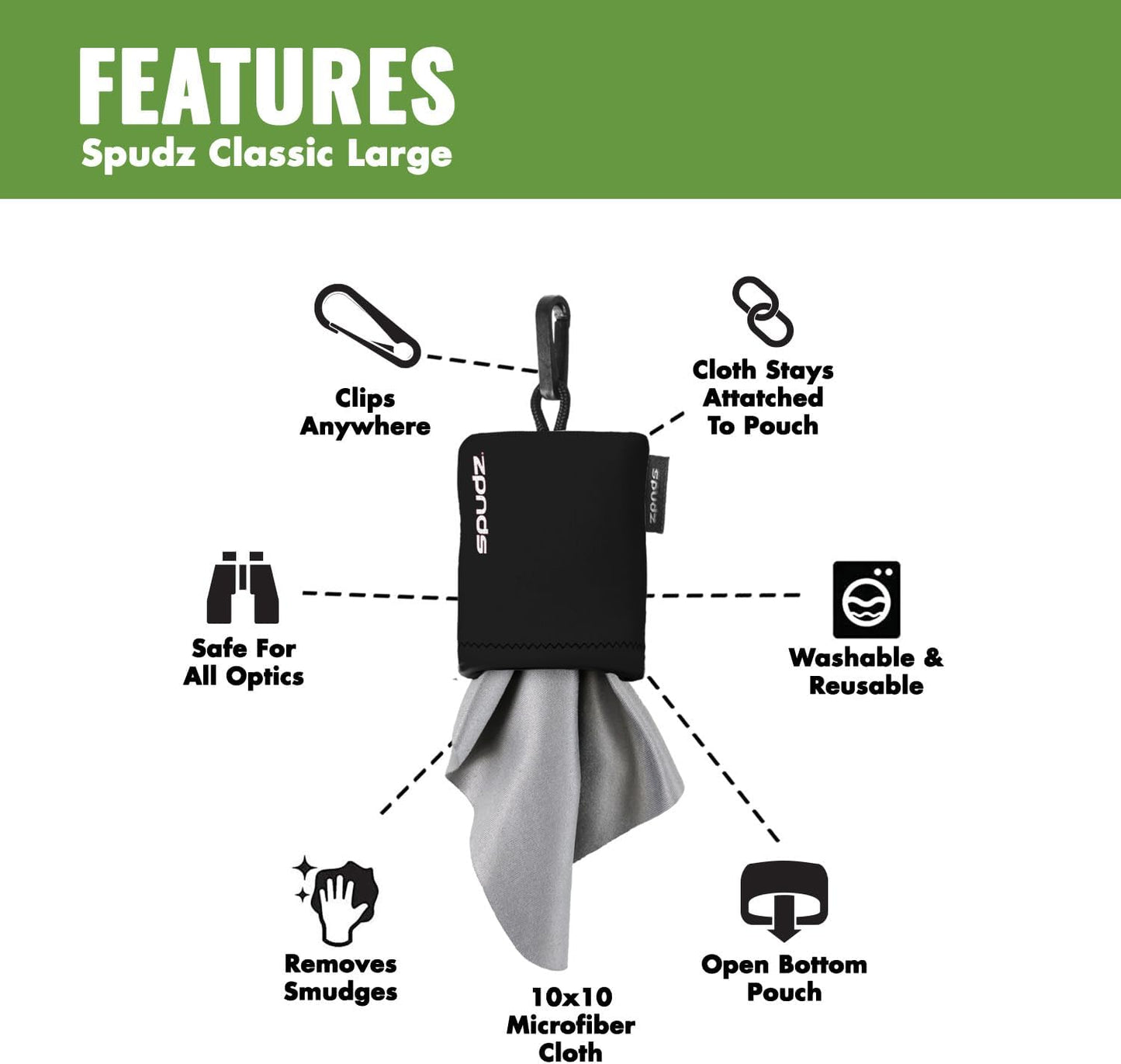 SPUDZ Classic Microfiber Lens Cleaner – Clip-On Pouch, Washable – for Binoculars, Scopes, Glasses, Screens | Stealth Shadow, 10 x 10 Inch