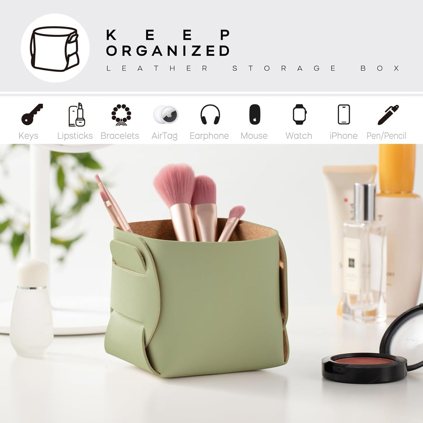 HOMIEAZICOZI 2-Pack Cork Leather Desk Accessories Storage - Pencil Pen Holder - Makeup Brush Holder Organizer - Stylish Addition to Home Decor (Light Green)