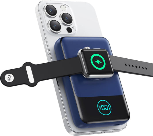 Magnetic Portable Charger for iPhone, 3-in-1 10800mAh Qi2 15W Wireless Power Bank with iWatch Charger,30W PD Fast Charging USB-C LCD Display Battery Pack for Magsafe,iPhone 16/15/14/13/12, Apple Watch