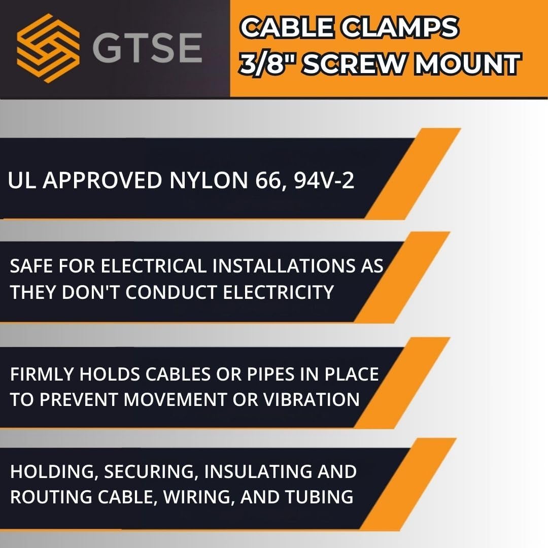 GTSE Black Nylon Plastic Cable Clamps, 3/8" Screw Mounts for Cable, Rope, Tube Management, 100 Pack