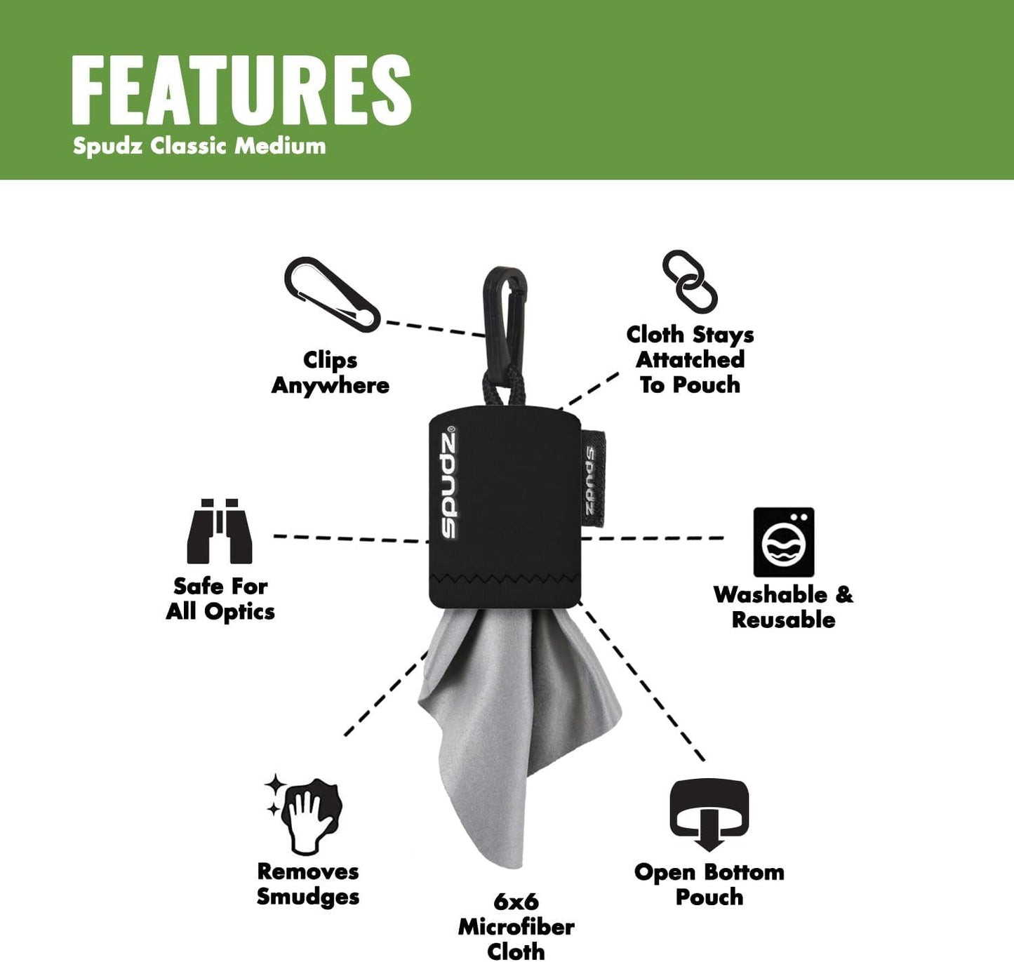 SPUDZ Classic Microfiber Lens Cleaner – Clip-On Pouch, Washable – for Binoculars, Scopes, Glasses, Screens | Bitcoin, 6 x 6 Inch
