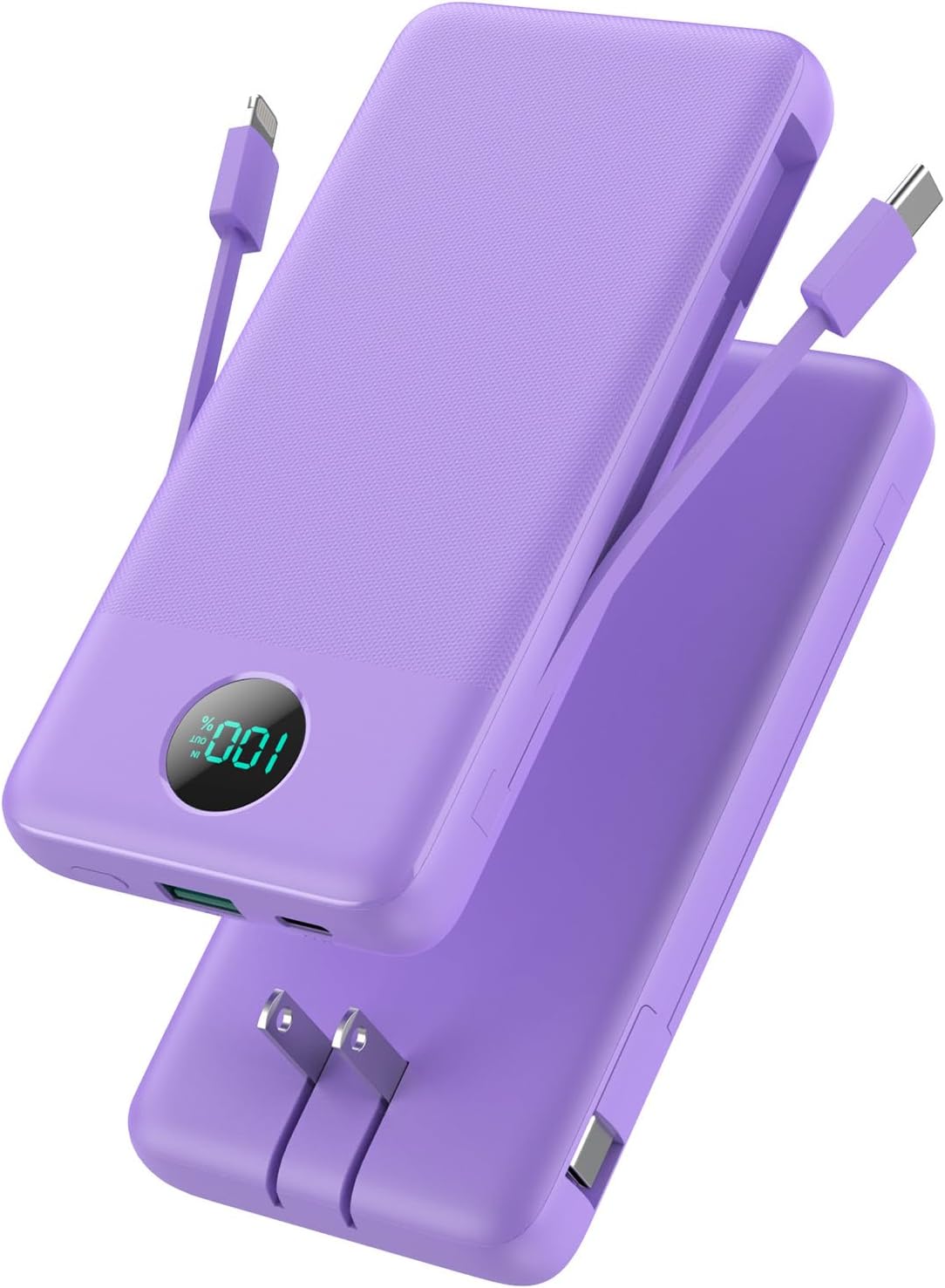 Portable Charger 13800mAh Slim USB C Power Bank with Built in Cables and Wall Plug,LCD Display Lightweight Travel Battery Pack,PD Fast Charging Compatible with iPhone 15,14,Samsung Android-Purple