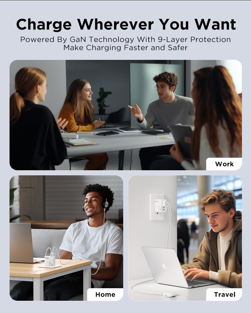 PISEN 65W USB C Fast Charger - 4FT USB-C Cable, 4-Port Compact Foldable GaN Charger, PPS for MacBook Pro/Air, iPad Pro, Galaxy S23, iPhone Series