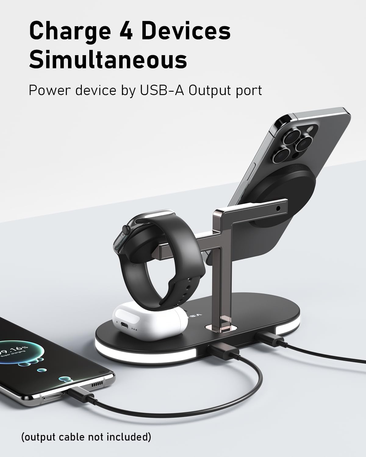 VBA 4 in 1 Wireless Charging Station for Apple MagSafe Charger,Fast Charging Magnetic Wireless Charger Stand with Night Light for iPhone 16 15 14 13 12 Series,Apple Watch,AirPods Pro 2 3 4 (Black)