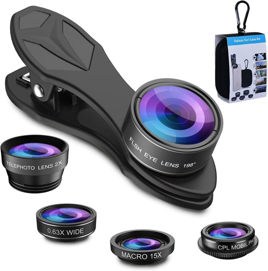 MIAO LAB 5 in 1 Phone Camera Lens Kit -0.63X Wide Angle Lens & 15X Macro Lens+190°Fisheye Lens/CPL + 2X Telephoto Lens Compatible with iPhone Samsung Sony and Most of Smartphone