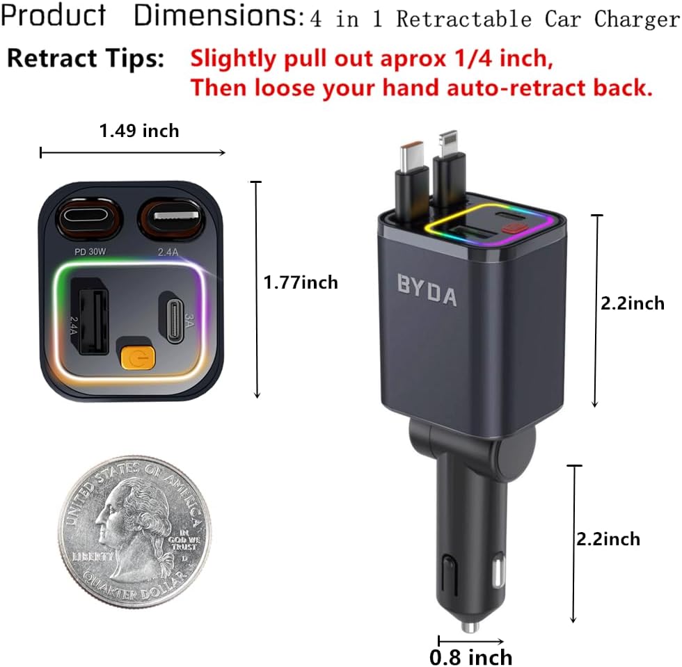 Retractable Car Charger, 4 in 1 Fast Charging USB-C & USB-A Compatible with iPhone 16/15/14/13/12/11 Pro Max, 69W Fast Car-Charger Cigarette Lighter Adapter for Galaxy, Pixel (Light-ning+USB-C) Grey