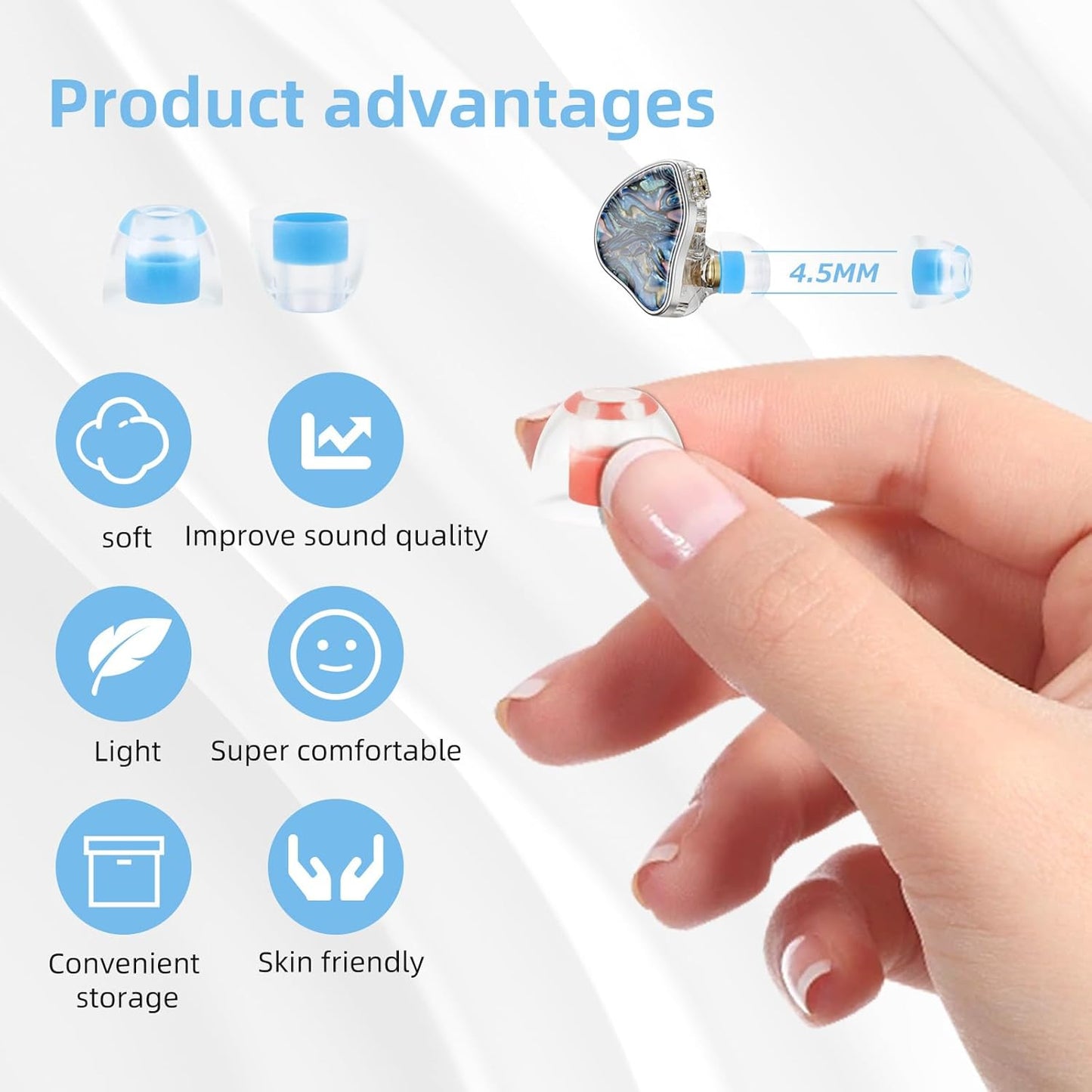 OKCSC 2 Pieces Soft Liquid Silicone Replacement Eartips,Breathable Eartips,Replacement Accessories with Box for Sleep,Study,Travel,Work,Daily Commute,Office,Bowl Type(1 Pairs/L/Blue/No Earphone)