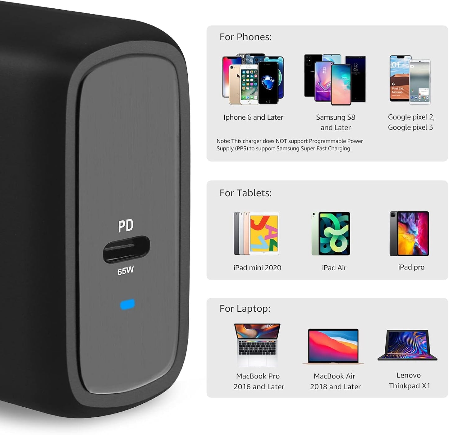 Amazon Basics 65W One-Port GaN USB-C Wall Charger with Power Delivery PD, Foldable Plug, for Laptops, Tablets & Phones, Black