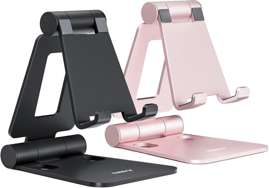 Nulaxy 2 Pack Dual Folding Cell Phone Stand, Fully Adjustable Foldable Desktop Phone Holder Cradle Dock Compatible with Phone 16 15 14 13 12 Pro Xs Xs Max Xr, All Phones, Black & Rose Gold