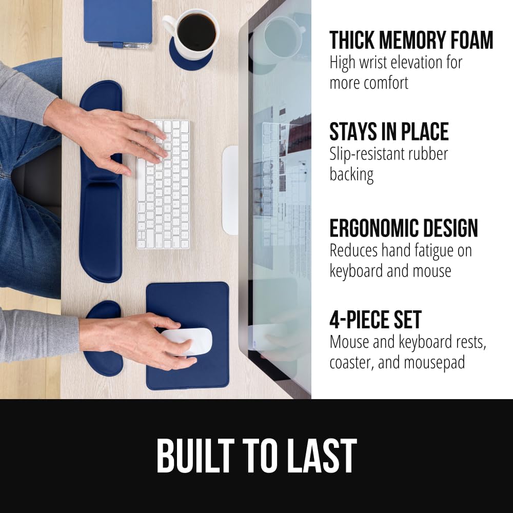 GORILLA GRIP Silky Gel Memory Foam Keyboard Wrist Rest and Mouse Pad for Computer, Ergonomic Design Typing Support, Desk Office Supplies, Hand & Arm Mousepad Cushion and Coaster 4 Piece Set Navy Blue