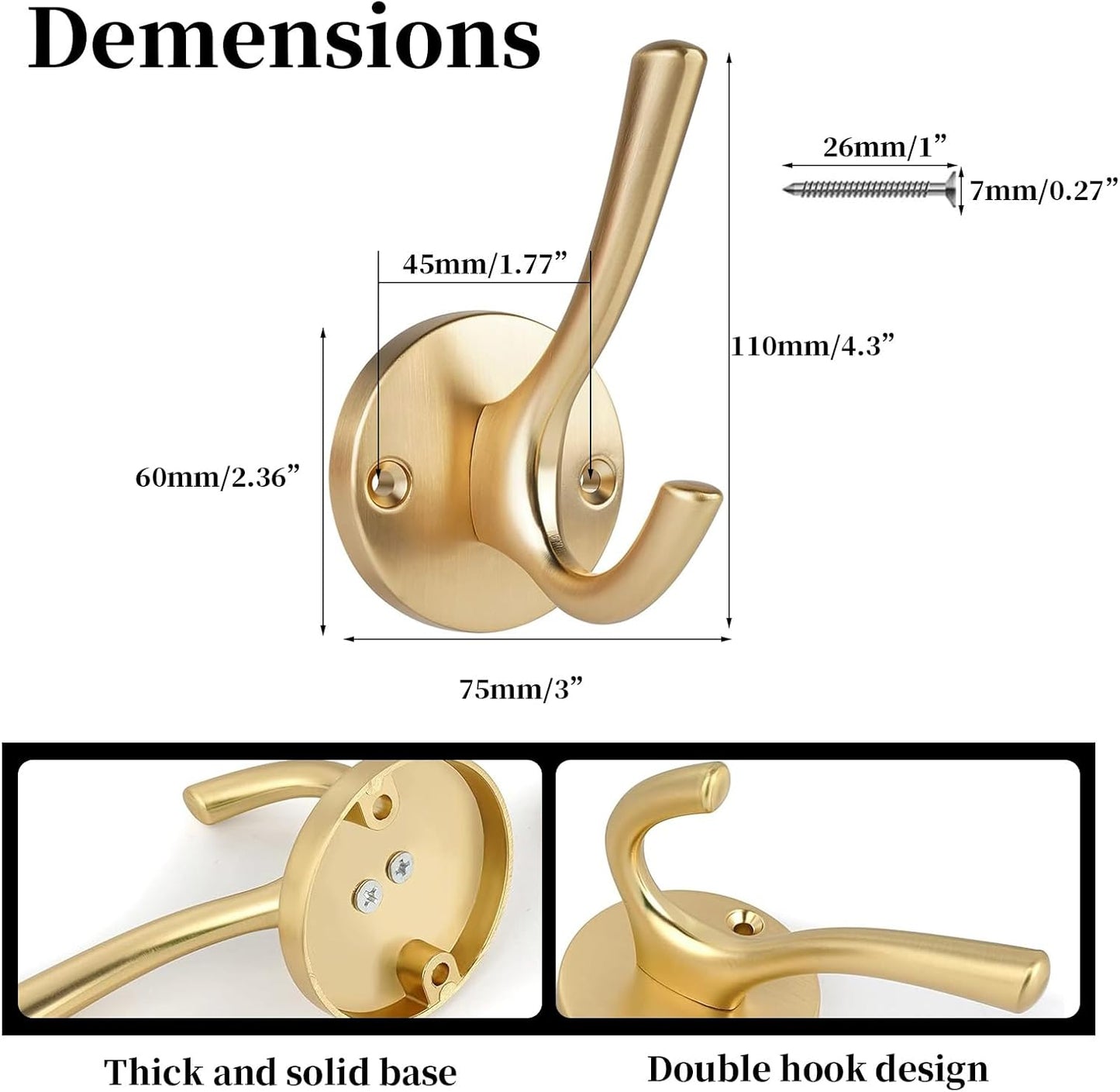 4 Packs Gold Coat Hooks, Silver Robe Hook, Decorative Towel Hooks, Heavy Duty Double Prong Wall Hooks, Metal Closet Hooks, Hat Hooks for Hanging for Bathroom, Kitchen and Office