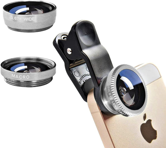 Silver 3 in 1 Cell Phone Camera Lens Kit Wide Angle Macro Fisheye Lens Universal for Smart Phones iPhone Samsung Android(Silver)