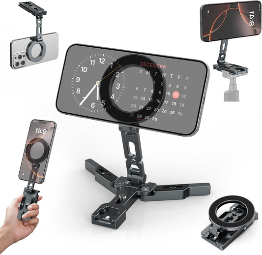 Magnetic Phone Tripod Stand,Foldable Cell Phone Holder for Magsafe with Arca-Swiss,1/4'' Screw Hole,Cold Shoe Mount,Pocket Mini Aluminum Selfie Stick Tripod Mount for iPhone/Android,Desk,Travel