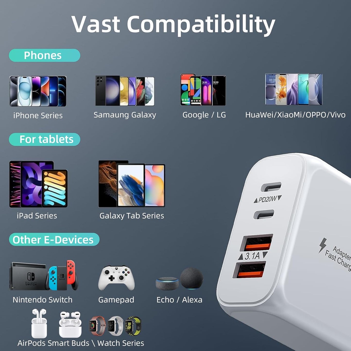 40W USB C Charger Block, 2 Pack 4-Ports Type C Fast Charging Cubes PD USBC Wall Plug+QC 3.0 USB A, Multiple USB C Charger for iPhone 16/15/14/13/12/11 Pro Max/XS, Samsung Galaxy, iPad, Tablet, Pixel