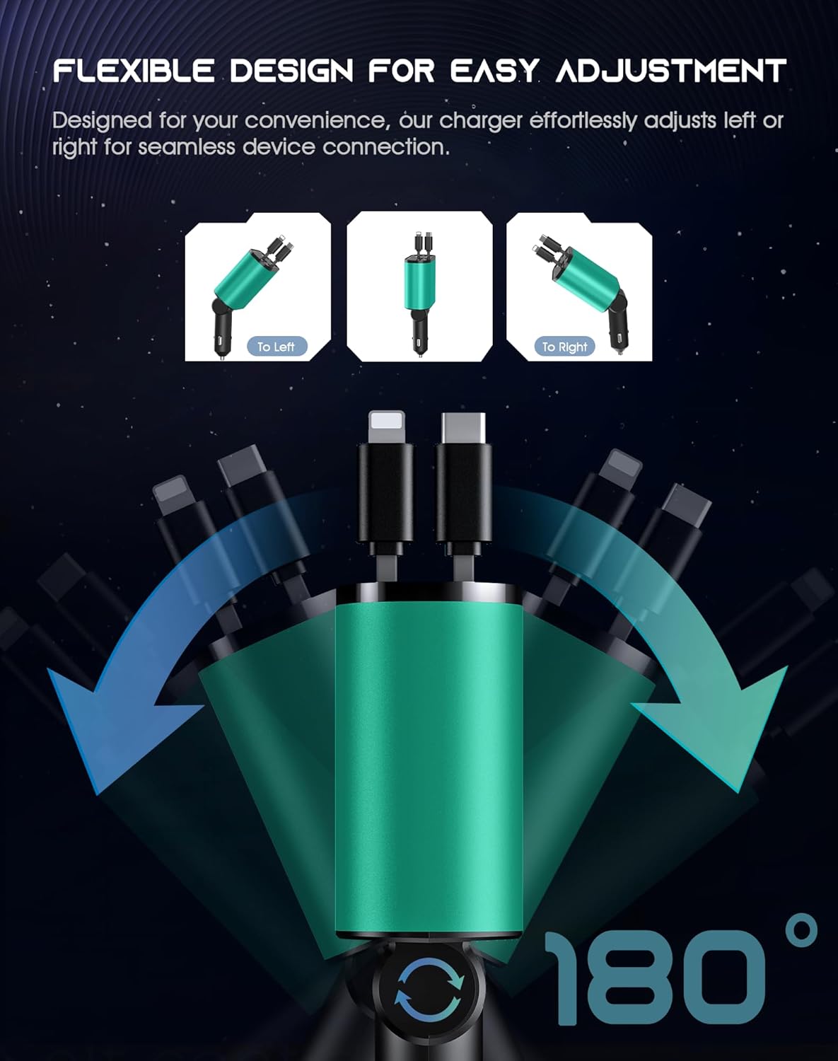 Retractable Car Phone Charger, 4 in 1 Fast Charge Car Phone Charger with 2 Retractable Cables(2.6ft) and 2 USB Ports, Compatible with iPhone15/14/15 Pro Max,Samsung (Bluish Green)