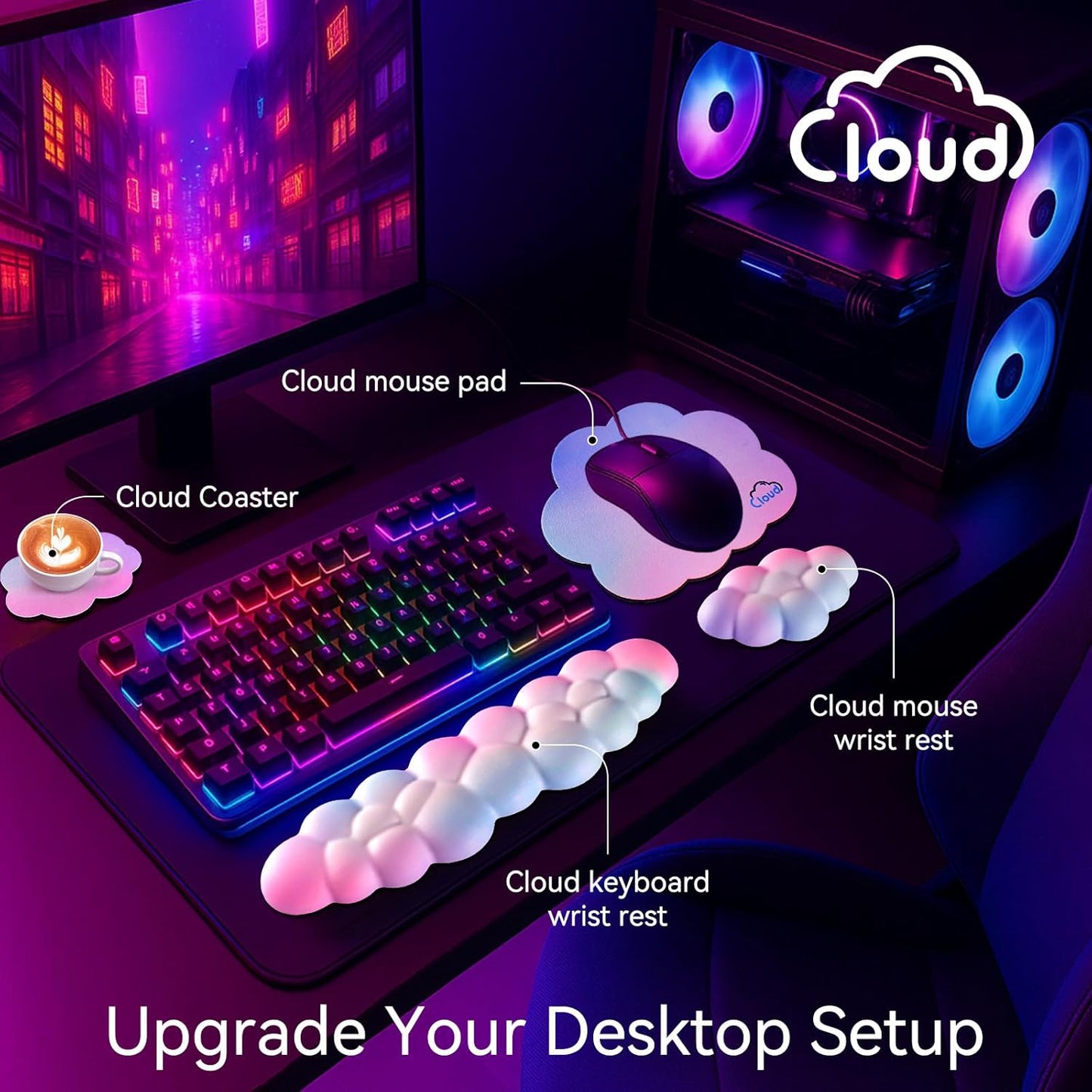 Cloud Wrist Rest for Computer Keyboard, 4-in-1 Memory Foam Leather Cloud Keyboard Wrist Rest and Mouse Pad Set with Ergonomic Support for Arm and Palm Cushion, Gaming/Work Setup, Dark Blue