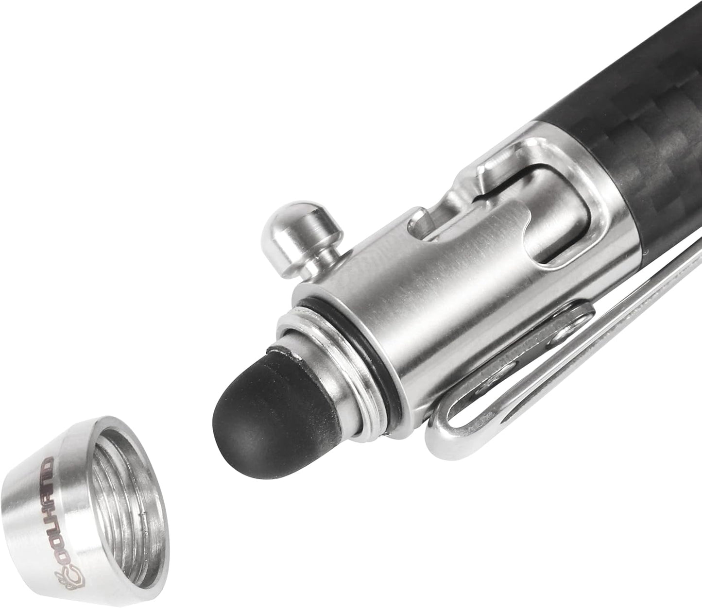 Cool Hand 4.9'' Carbon Fiber Bolt Action Pen with Retractable Stylus Tip for Any Touch Screen, Ballpoint Ink Refillable, Compact Size, Skelton Out Deep Pocket Clip (Carbon Fiber Silver)