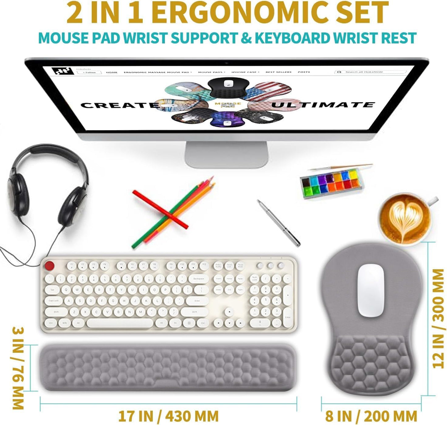 Hokafenle 2 In 1 Ergonomic Mouse Pad Wrist Support & Wrist Rest For Computer Keyboard Set, with Relieve Carpal Tunnel Pain Massage Bulge and Full Memory Gel Design (2In1 Set,Neutral Gray Light Purple)