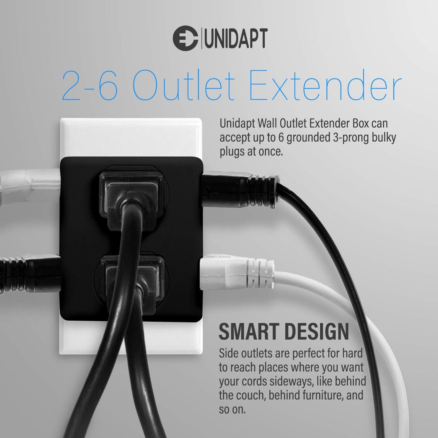 Multi Plug Outlet Splitter, Unidapt Multiple Outlets Extender Adapter with 6 AC Sockets, Side Splitter Box, Wall Power Plug Expander for Home Hotel Office Dorm Essentials, 2-Pack (Black)