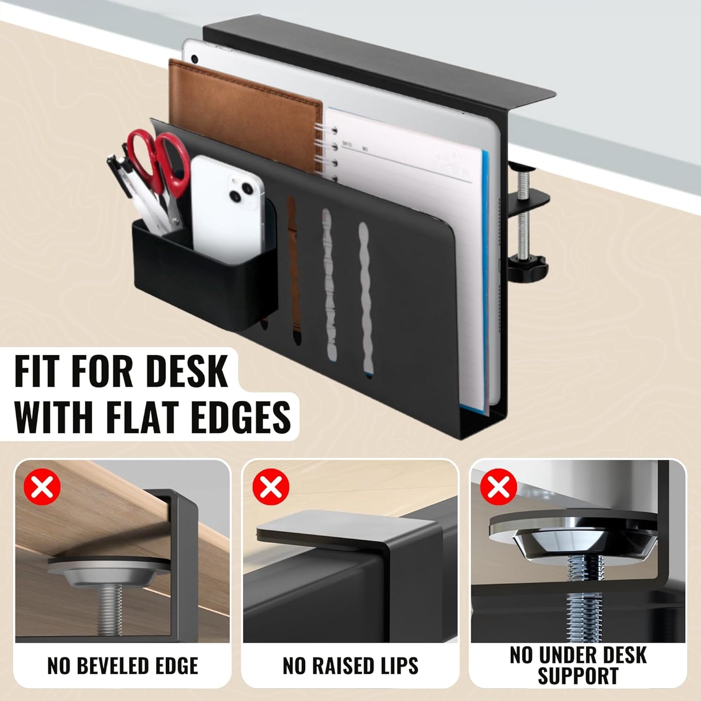 Desk Side Storage – Heavy-Duty Steel Laptop Holder Desk Attachment with Magnetic Pen Holder, Side Table No Drill Clamp Desk Organizer, Hanging Desk Organizer for Home & Office – Black