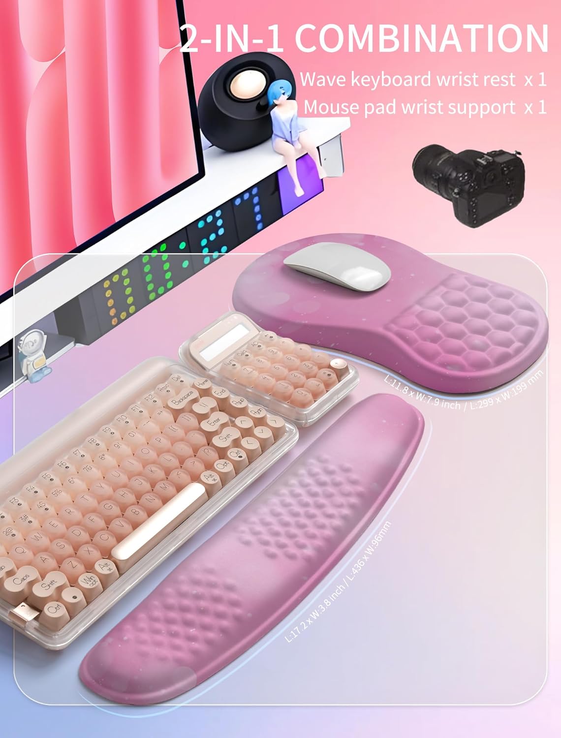 Hokafenle 2in1 Combination, Wave Keyboard Wrist Rest and Ergonomic Curvature Mouse Pad Wrist Support for Relieve Wrist Pain, Filled with Soft Cushion Memory Foam, Romantic Pink