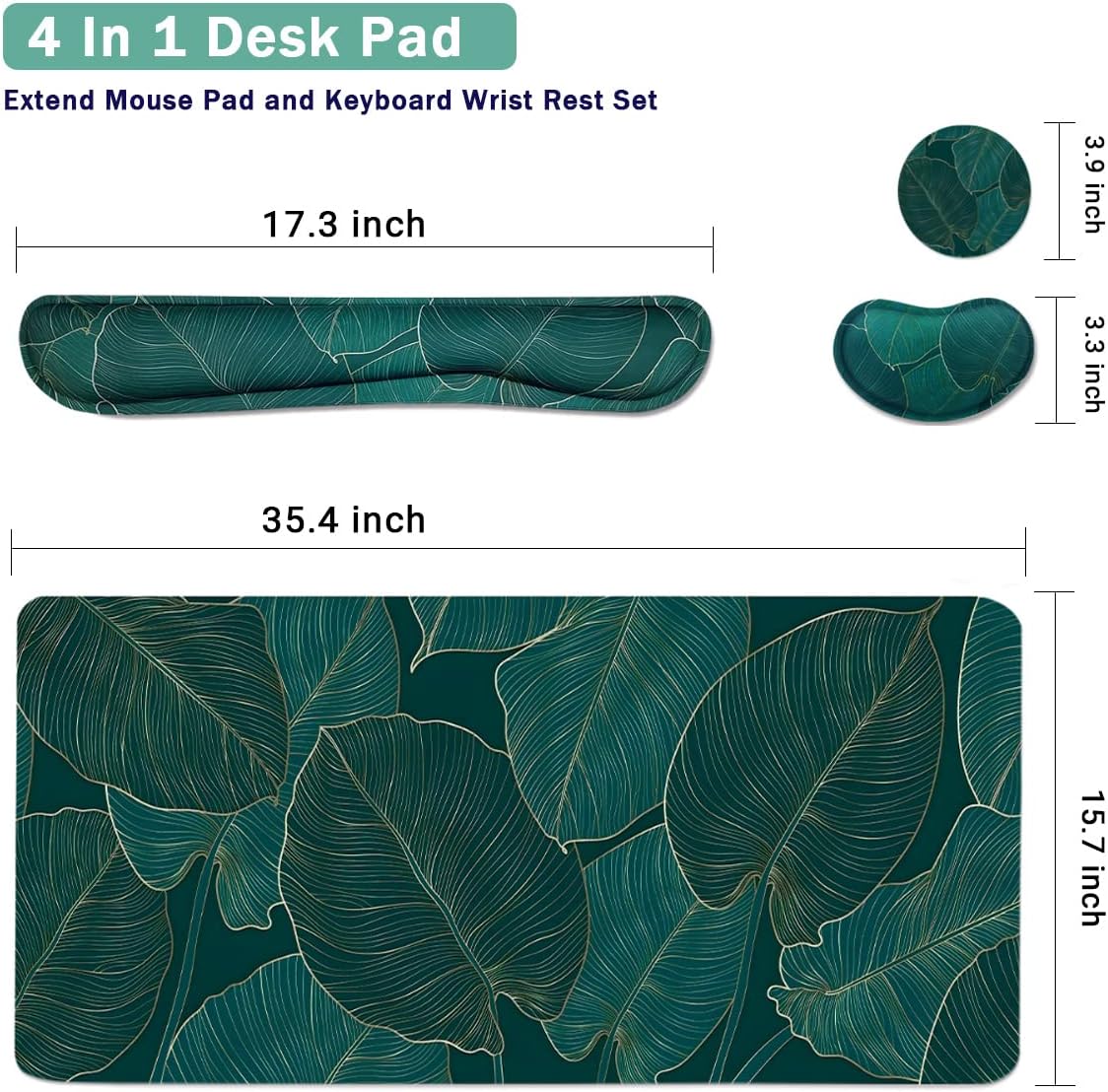 Ergonomic Large Mouse Pad and Keyboard Wrist Rest, Desk Pad for Keyboard and Mouse, 4-in-1 Large Gaming Mouse Pad with Wrist Support for Home Office Study Game-Green Leaves