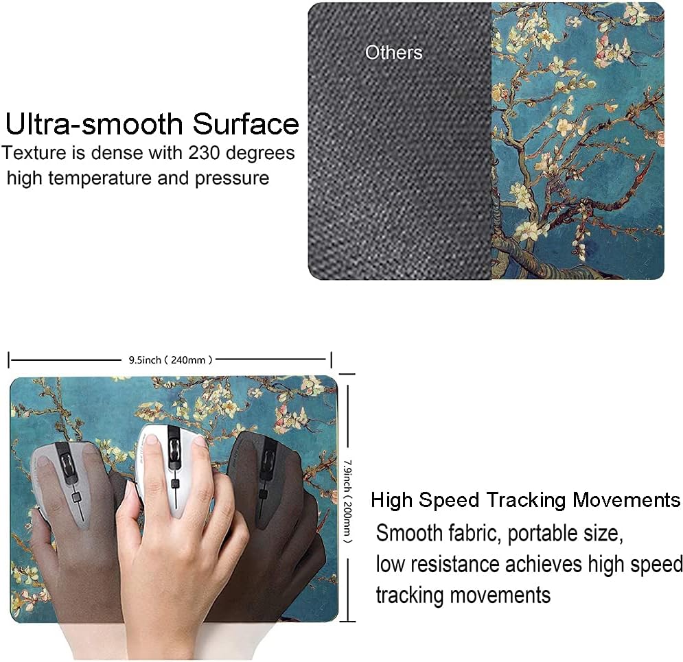 Almond Blossoms Van Gogh Mouse Pad, Oil Painting Flowers Mouse Mat, Square Waterproof Non-Slip Rubber Base MousePads for Office & Home Laptop