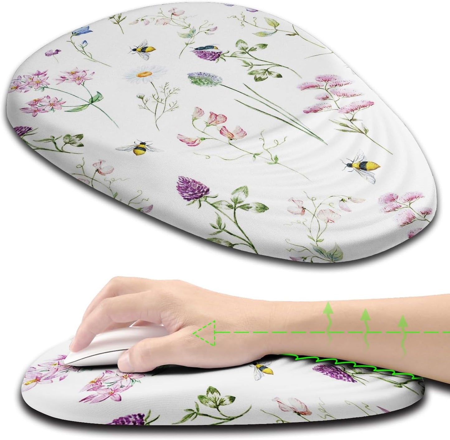 Floral Ergonomic Mouse Pad Wrist Support, Pretty Flowers Mouse Pad with Wrist Rest, Foam Massage Design & Non-Slip PU Base MousePads for Pain Relief, Desk, Office, Home