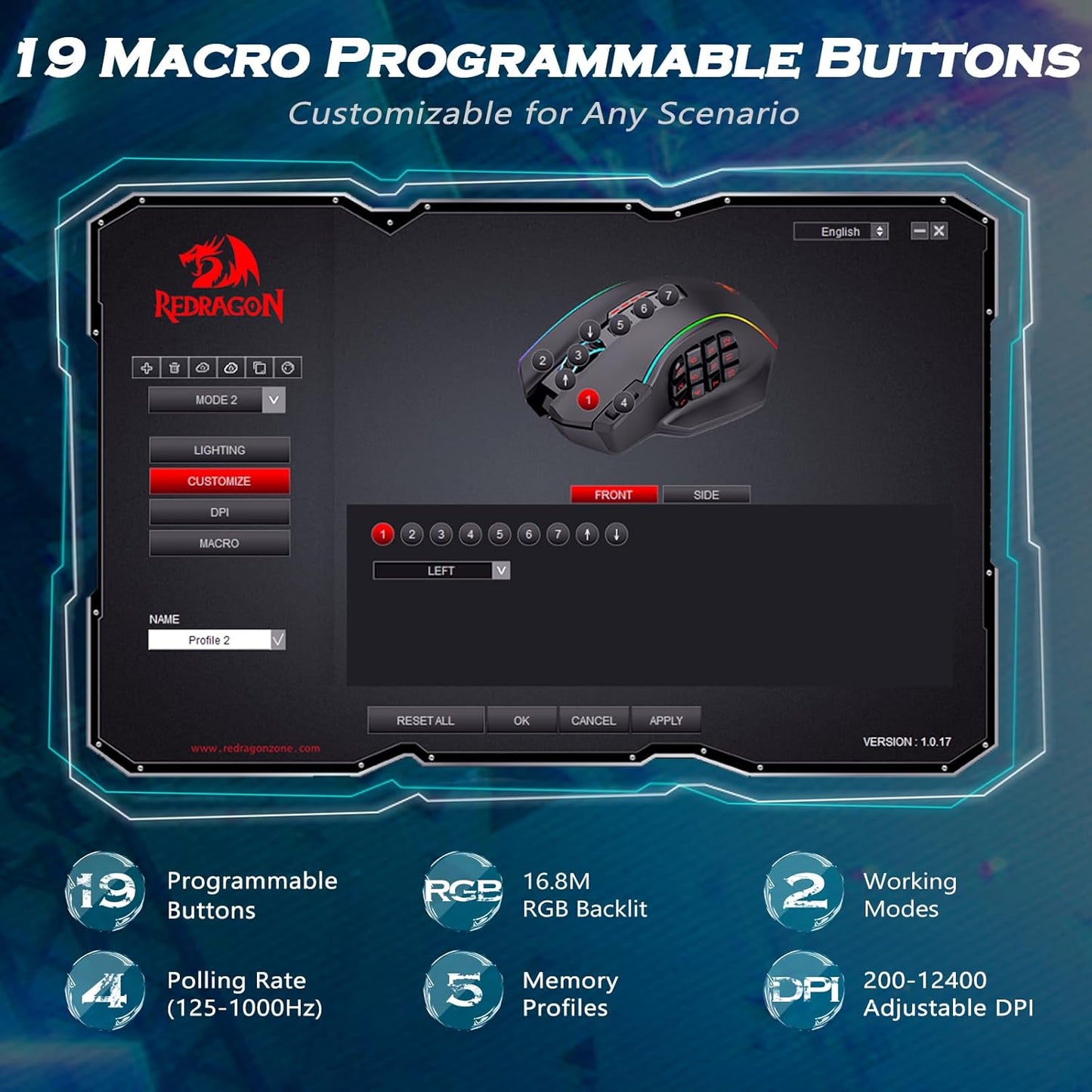 Redragon Gaming Mouse, MMO Gaming Mouse UP 12400 DPI, 19 Macro Programmable Buttons, RGB Mouse with 12 Side Buttons, 8 * 2.4g Weight Tuning for PC Laptop MOBA FPS, White