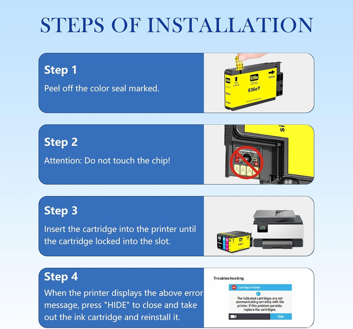 936e Ink Cartridges (with Chip) High Yield Combo 4-Pack Compatible for HP 936e 936 Ink Cartridges for OfficeJet Pro 9125e 9135e 9128e 9122e 9130b Wide Format 9730e Printers (BKCMY)