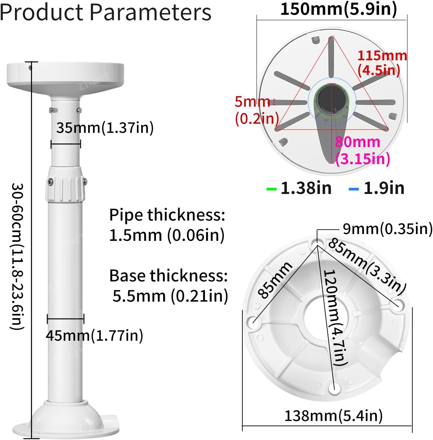 ZT-NET Extendable Pole Mount for Security Surveillance Cameras, Ceiling/Wall Mounting Bracket for Bullet Camera,Solid Metal (11.8-23.6 inch)