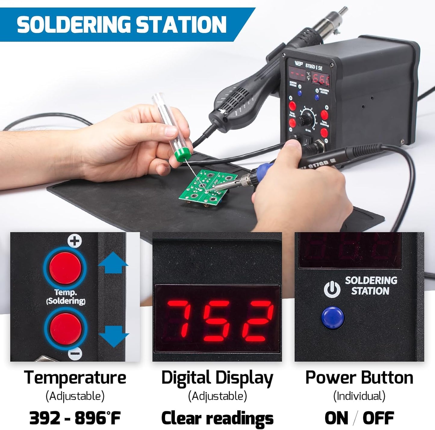 WEP 8786D-I SE Hot Air Soldering Iron Station Kit 2-IN-1 for Rework, Desoldering with Lead-Free Solder Wire, 5 Soldering Tips, 3 Hot Air Nozzles,Tweezers, Desoldering Pump