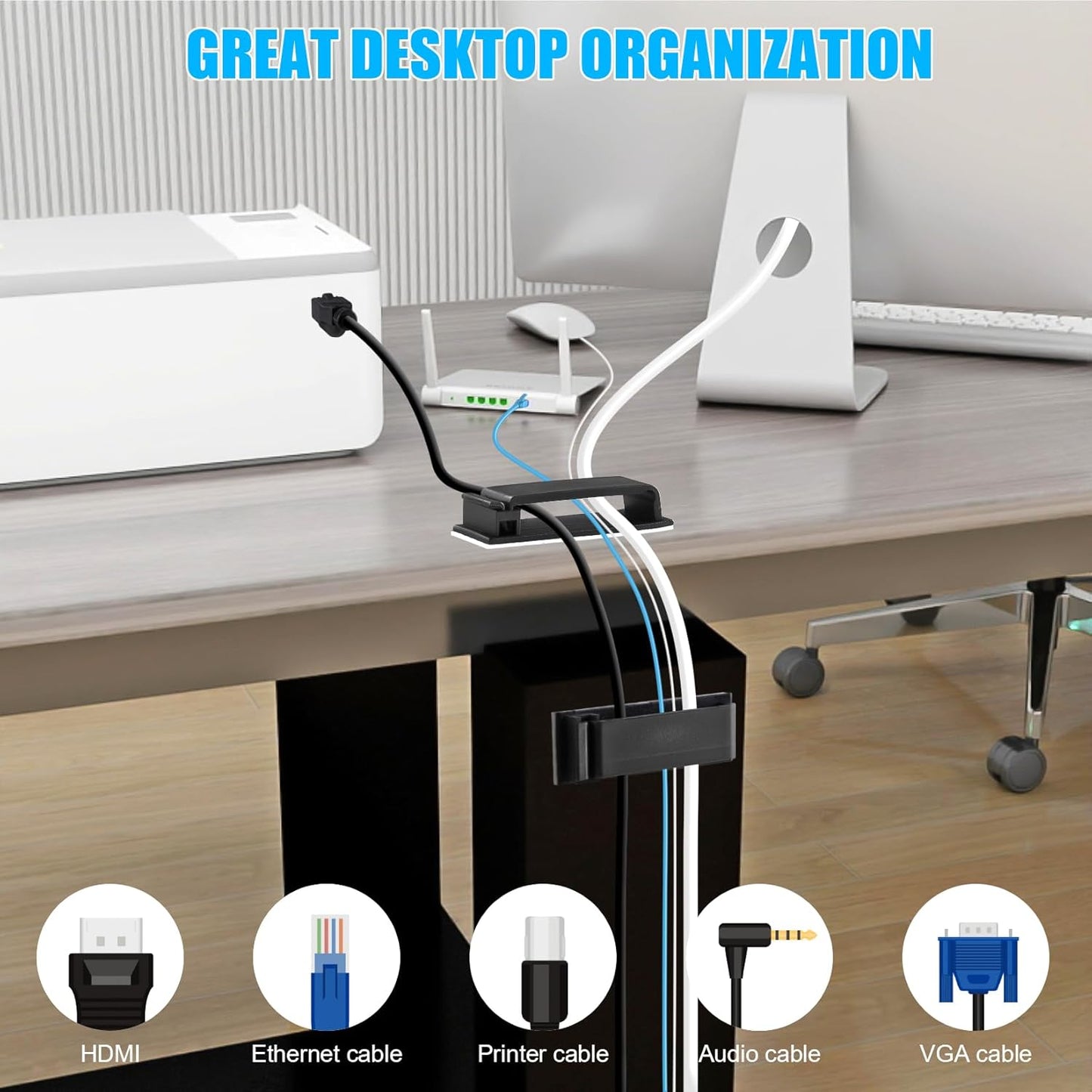 XHF 100 PCS Self Adhesive Cable Clips(L) Black,Wire Clips Cable Management Wire Organizer Cord Holder for Under Desk, Car, Wall, TV PC Ethernet Cable