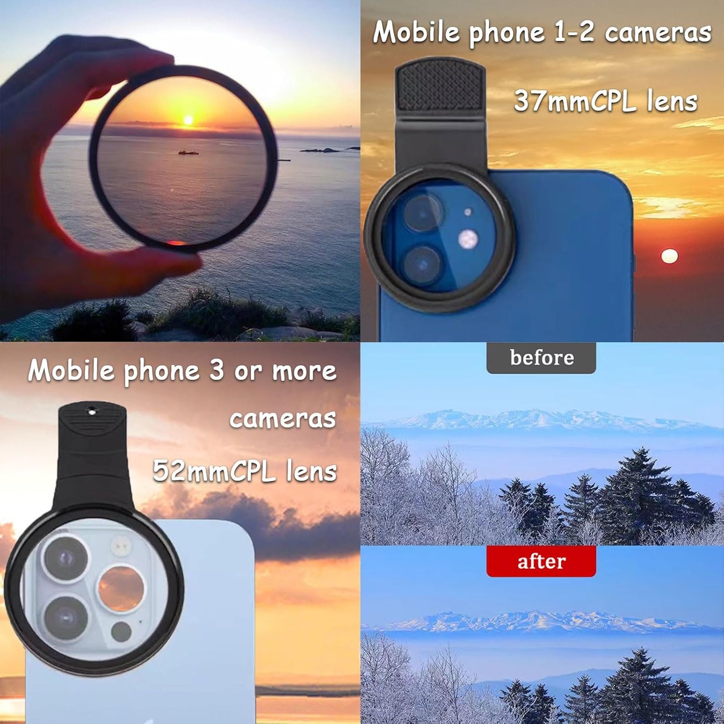 37mm CPL Phone Camera Lens, Universal Phone Camera Polarizer Filter Clip-On Mobile Polarizer Lens, Polarized Lens Compatible with Most Mobilephone Models
