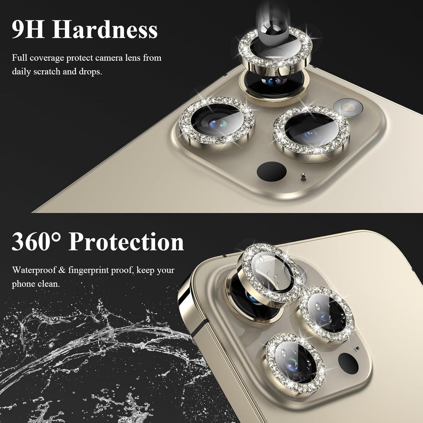 YWXTW Designed for iPhone 14 Pro/iPhone 14 Pro Max Camera Lens Protector Bling, [New Glitter Design] Individual Metal Tempered Glass Camera Cover Accessories Case Friendly, 1 Set (Gold Glitter)